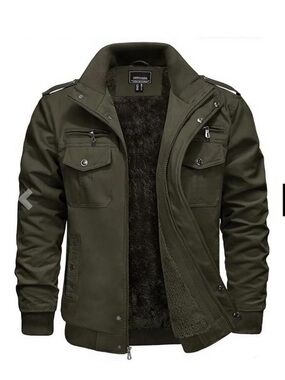 Men's Olive Green Military-Style Sherpa Lined Jacket